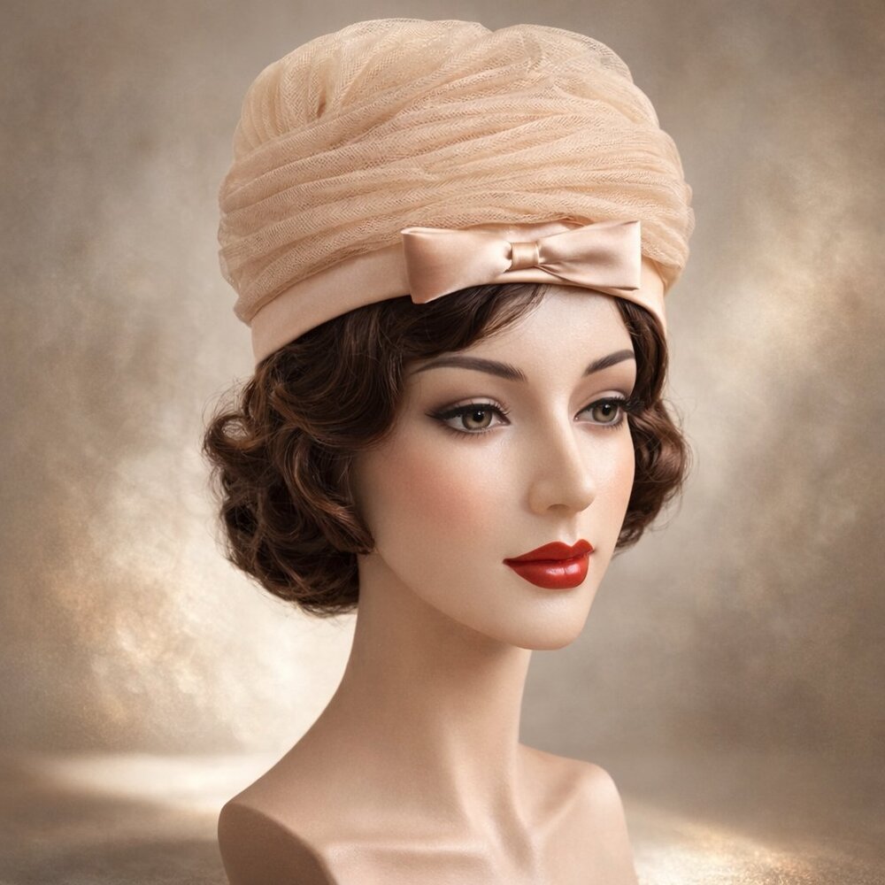 Vintage 1950s Champagne Tulle Turban Hat w Satin Bow – Schuster’s – Original Box